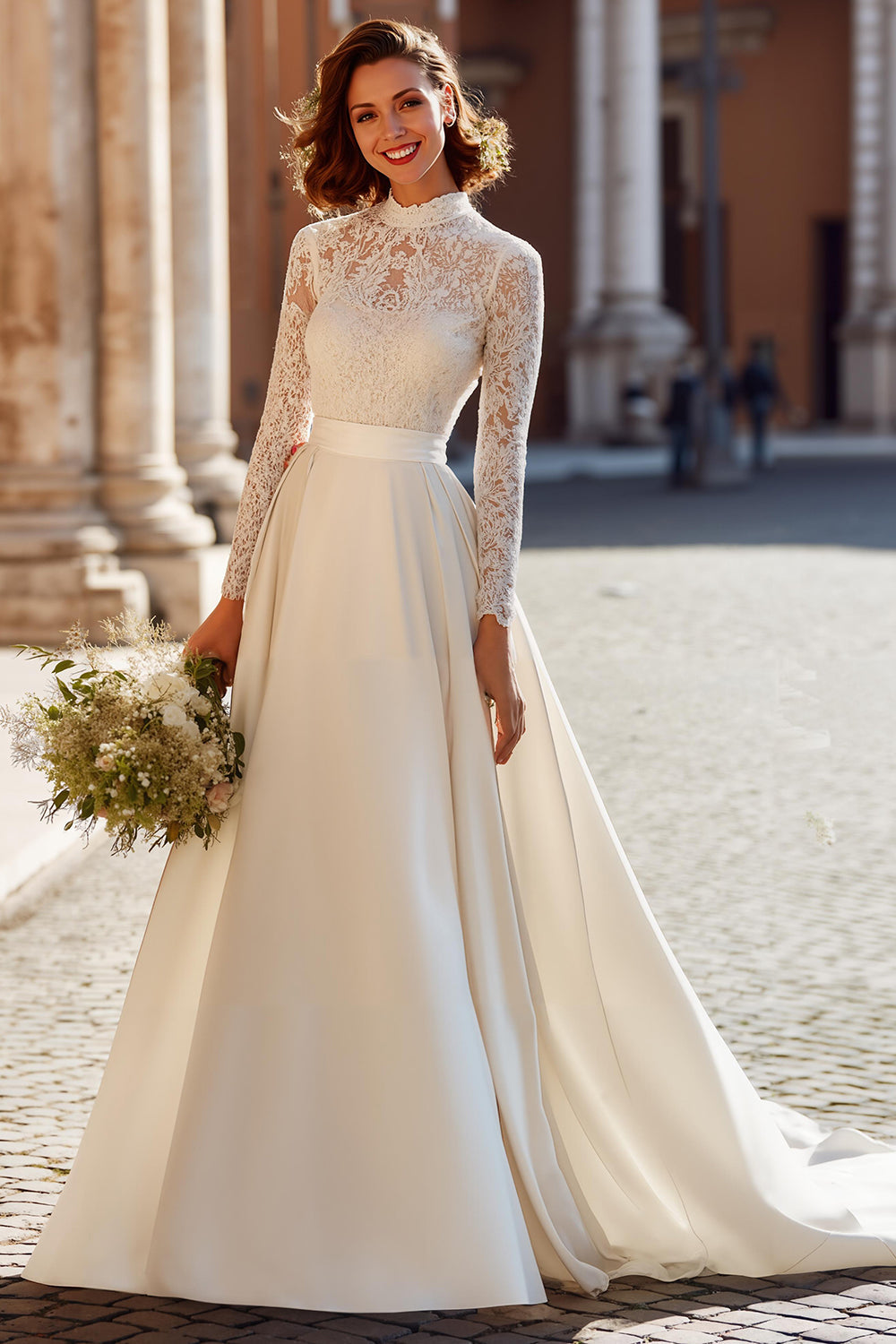 Vintage Ivory High Neck Satin Ball Gown Wedding Dress with Sleeves