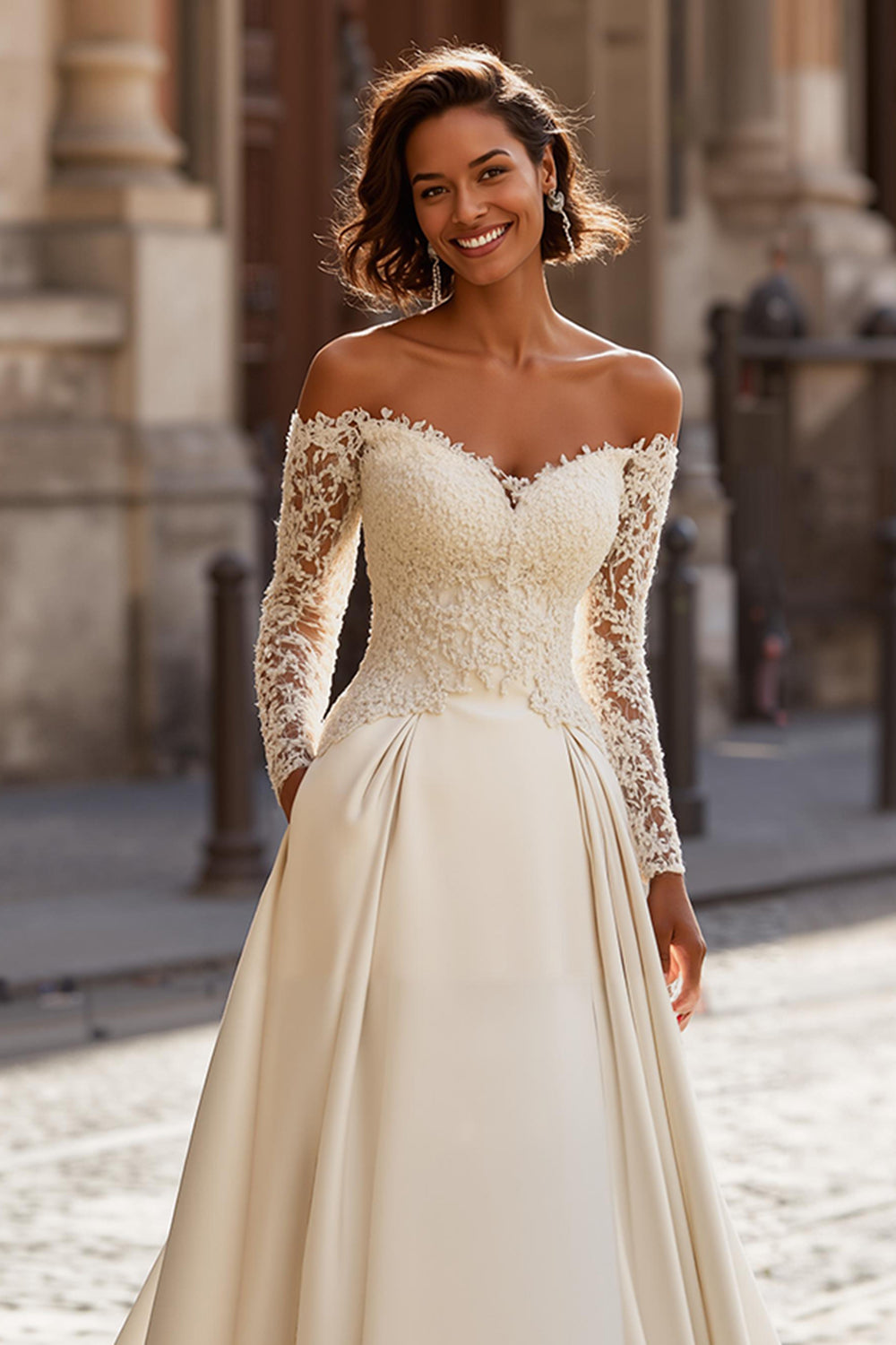 Ivory Satin Off the Shoulder Ball Gown Wedding Dress with Sleeves