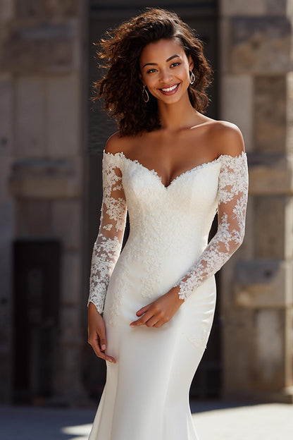 White Satin Mermaid Off the Shoulder Sweep Train Wedding Dress