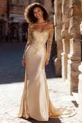 Champagne Satin Off the Shoulder Mermaid Sweep Train Wedding Dress with Sleeves