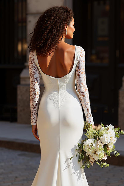 White Mermaid Scoop Neck Long Sleeves Wedding Dress with Lace