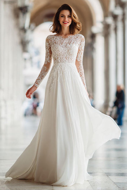 Ivory A Line Illusion Boat Neck Floor-Length Wedding Dress with Lace