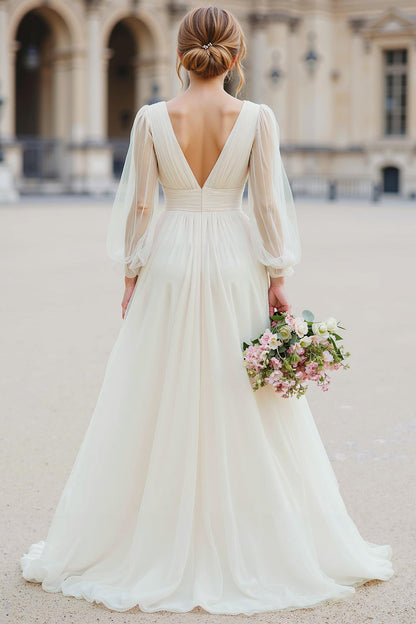 White Tulle A Line V-Neck Floor-Length Wedding Dress with Sleeves
