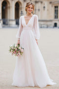 White Tulle A Line V-Neck Floor-Length Wedding Dress with Sleeves