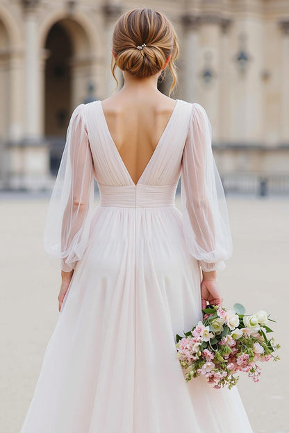 White Tulle A Line V-Neck Floor-Length Wedding Dress with Sleeves