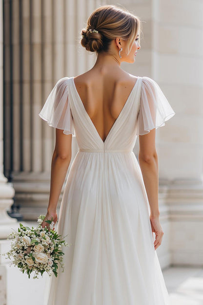 Ivory V-Neck Tulle A Line Floor-Length Wedding Dress with Sleeves