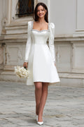 Sparkly Ivory A Line Satin Short Wedding Dress with Sleeves