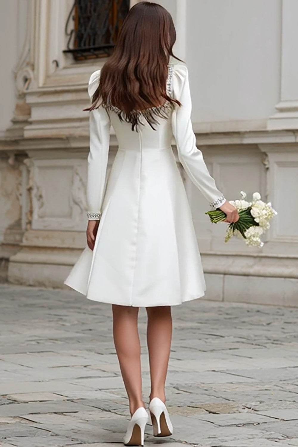 Sparkly Ivory A Line Satin Short Wedding Dress with Sleeves