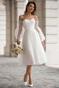 Ivory Off the Shoulder A Line Midi Wedding Dress with Sleeves