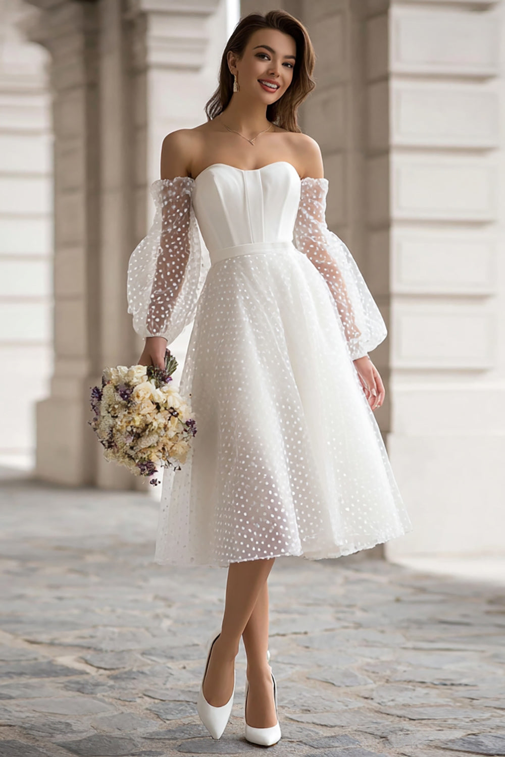 Ivory Off the Shoulder A Line Midi Wedding Dress with Sleeves