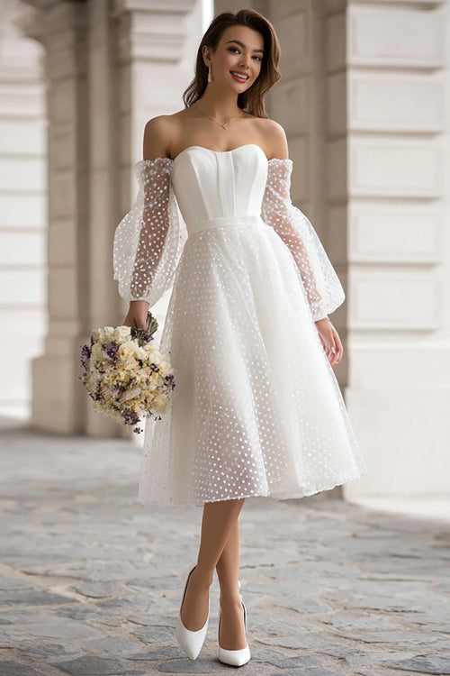 Ivory Off the Shoulder A Line Midi Wedding Dress with Sleeves