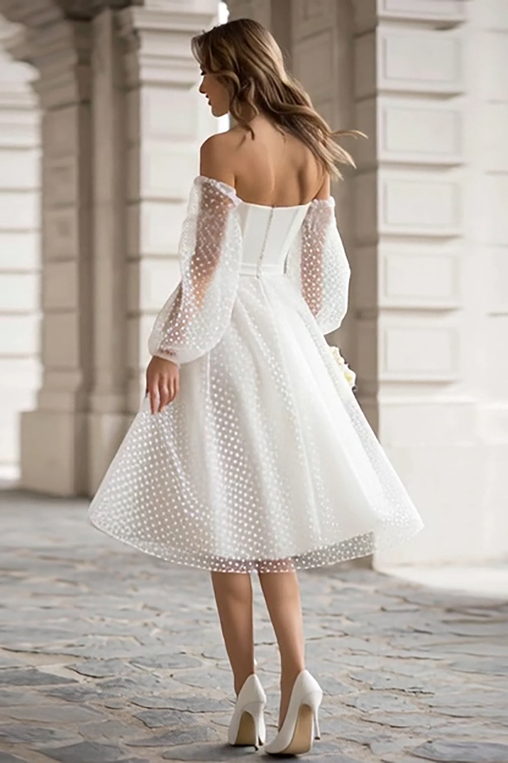 Ivory Off the Shoulder A Line Midi Wedding Dress with Sleeves