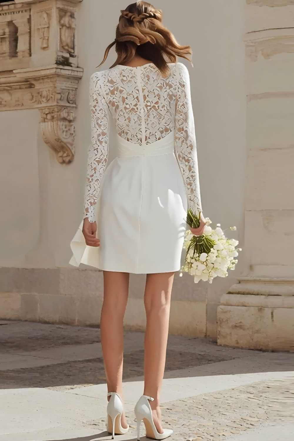 Ivory Bodycon V-Neck Ruched Short Bridal Shower Dress with Lace