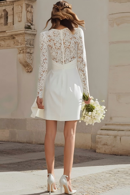 Ivory Bodycon V-Neck Ruched Short Bridal Shower Dress with Lace