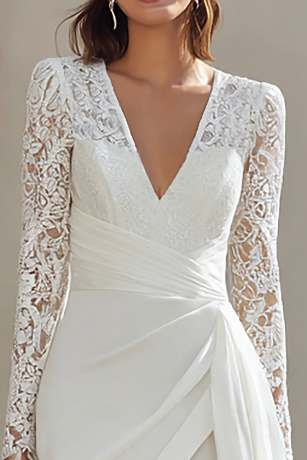 Ivory Bodycon V-Neck Ruched Short Bridal Shower Dress with Lace