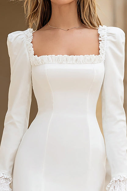 Ivory Satin Square Neck Bodycon Short Bridal Shower Dress with Sleeves