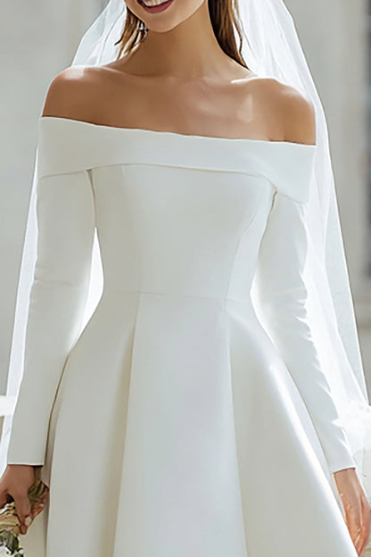 Ivory Off the Shoulder Satin High-Low Wedding Dress with Sleeves