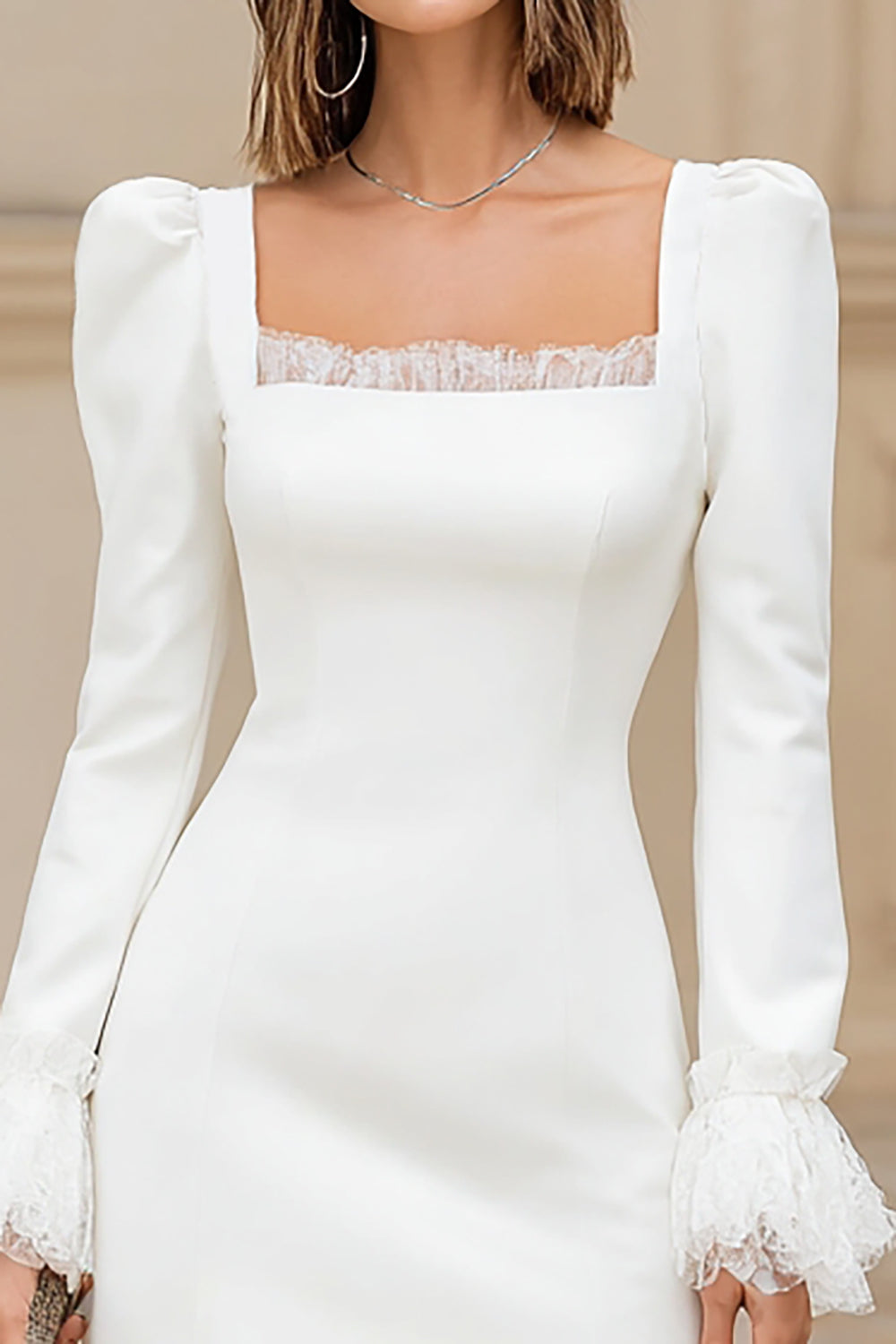 Ivory Square Neck Satin Short Bridal Shower Dress with Lace