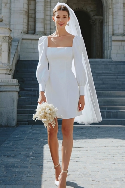 Ivory Satin A Line Short Wedding Dress with Sleeves