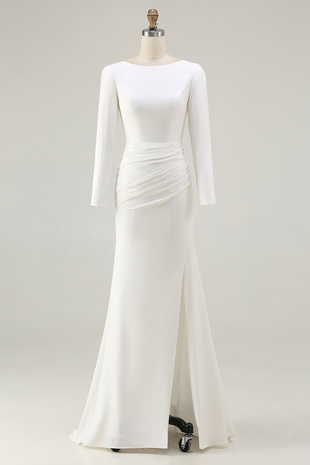 Ivory Sheath Bateau Neck Bridal Dress with Slit
