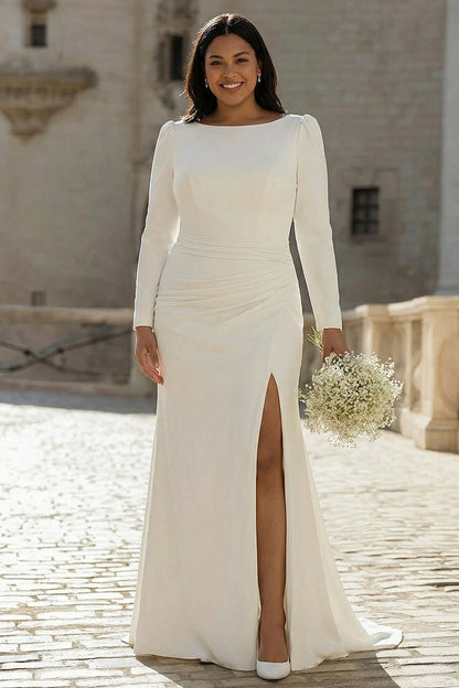 Ivory Sheath Bateau Neck Bridal Dress with Slit