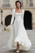Ivory Satin A Line Ruffled Maxi Engagement Dress with Sleeves