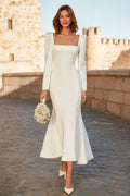 Ivory Mermaid Square Neck Tea Length Engagement Dress with Sleeves