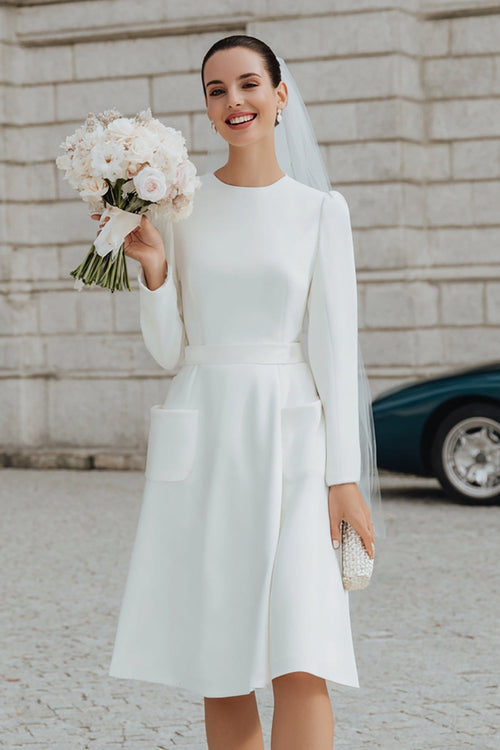 Ivory A Line Round Neck Long Sleeves Short Wedding Dress with Pockets