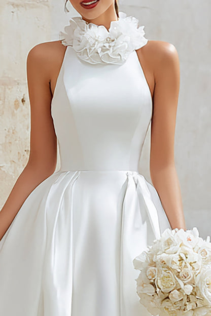 Ivory Princess High Neck Satin High Low Floral Wedding Dress