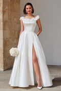 Ivory Satin Princess Boat Neck Wedding Dress with Slit