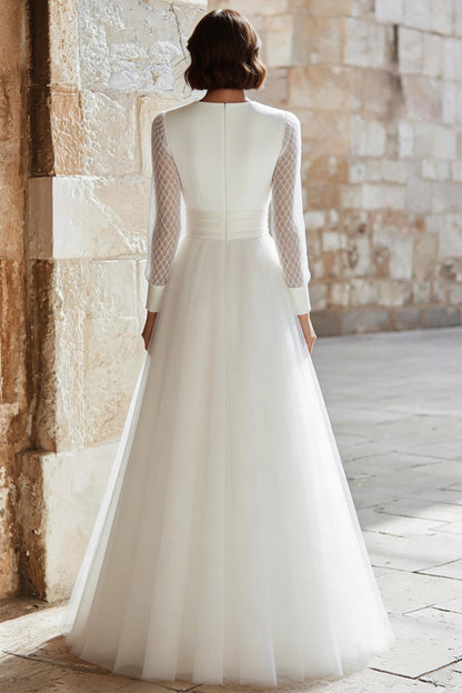 Ivory V-Neck Tulle Long Sleeves A-Line Floor Length Wedding Dress