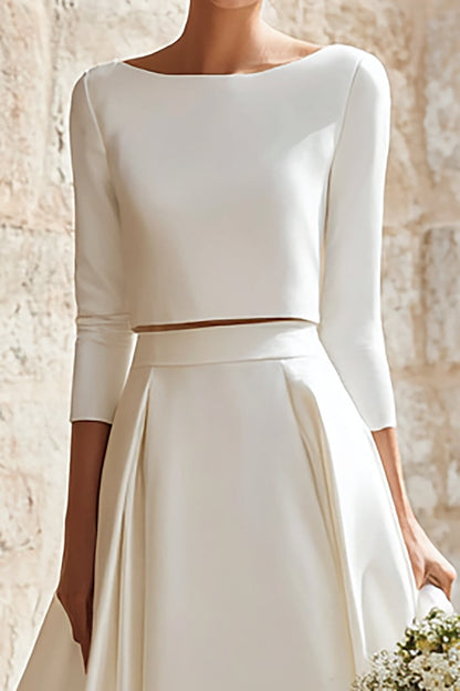 Ivory Satin 2 Piece A-Line Boat Neck Long Wedding Dress with Sleeves