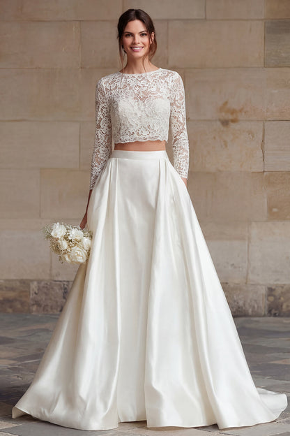 Ivory Satin 2 Piece Long Sleeves A-Line Long Wedding Dress with Lace