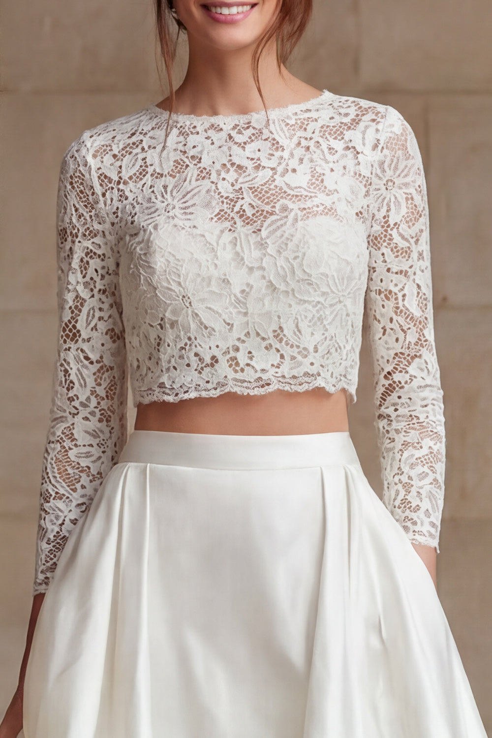 Ivory Satin 2 Piece Long Sleeves A-Line Long Wedding Dress with Lace
