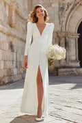 Ivory V-Neck Long Sleeves Sheath Floor Length Wedding Dress with Slit