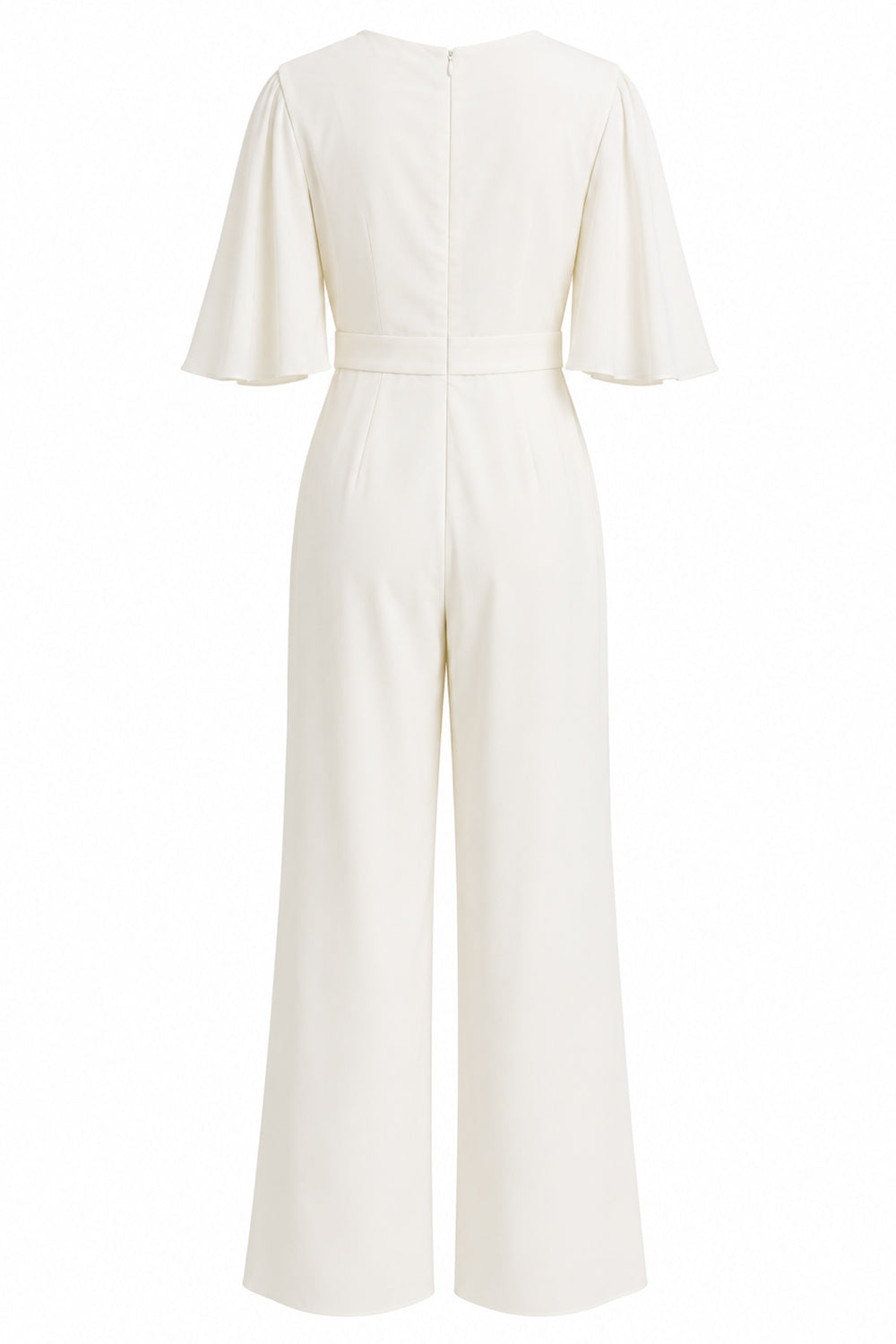 Ivory V-Neck Half Sleeves Long Wedding Jumpsuits with Pockets