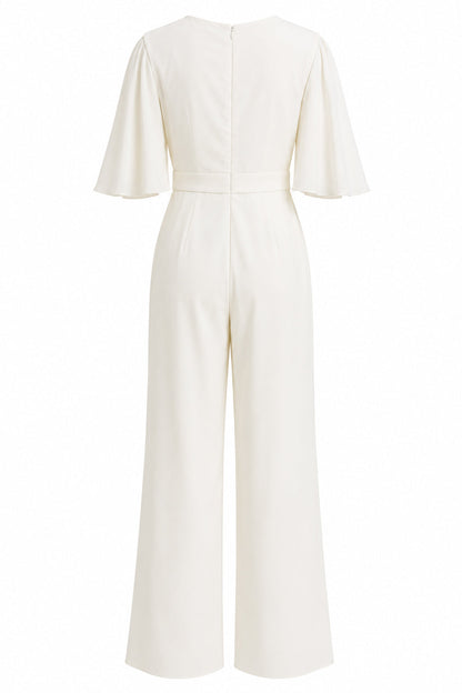 Ivory V-Neck Half Sleeves Long Wedding Jumpsuits with Pockets