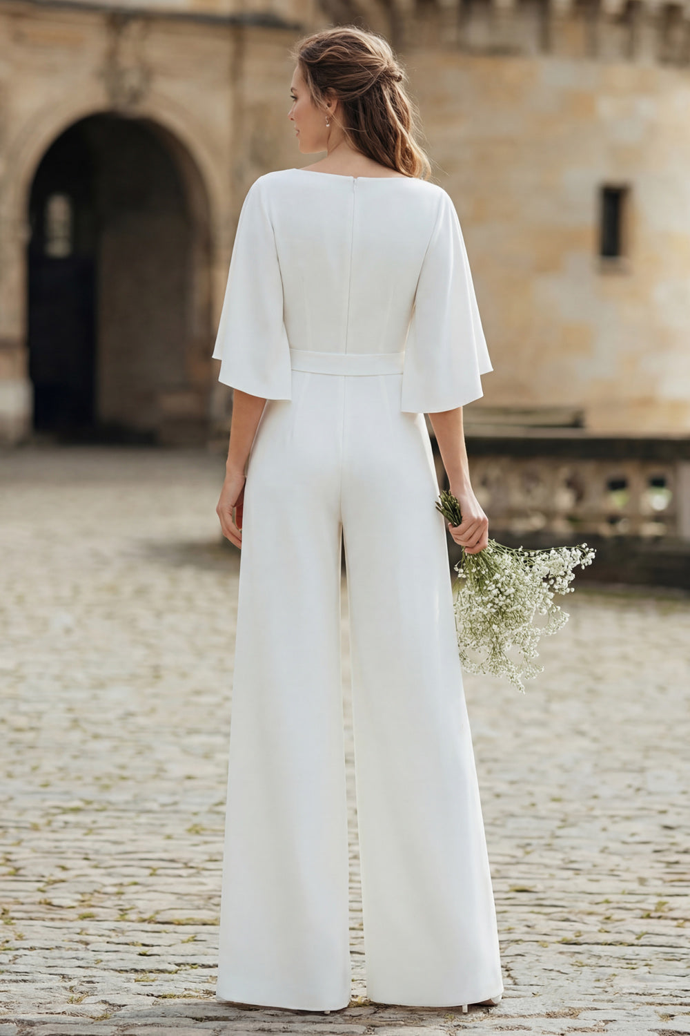 Ivory V-Neck Half Sleeves Long Wedding Jumpsuits with Pockets