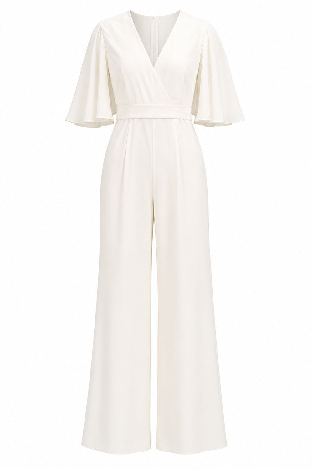 Ivory V-Neck Half Sleeves Long Wedding Jumpsuits with Pockets