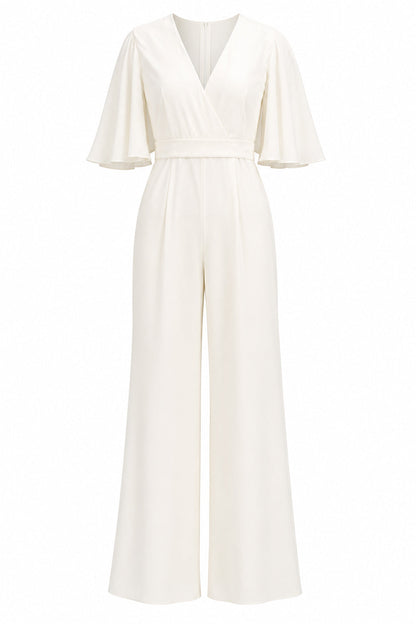Ivory V-Neck Half Sleeves Long Wedding Jumpsuits with Pockets