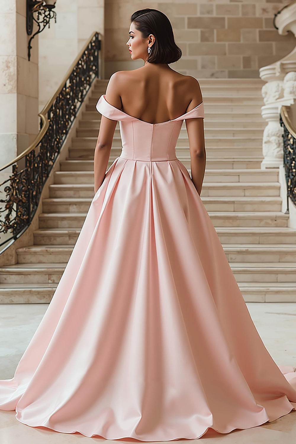 White Off the Shoulder A Line Sweep Train Wedding Dress with Slit