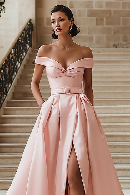 White Off the Shoulder A Line Sweep Train Wedding Dress with Slit