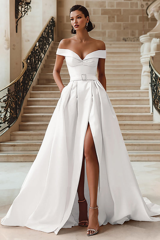 White Off the Shoulder A Line Sweep Train Wedding Dress with Slit