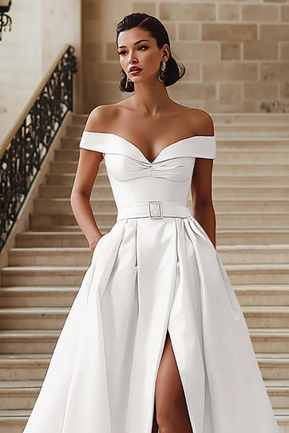 White Off the Shoulder A Line Sweep Train Wedding Dress with Slit