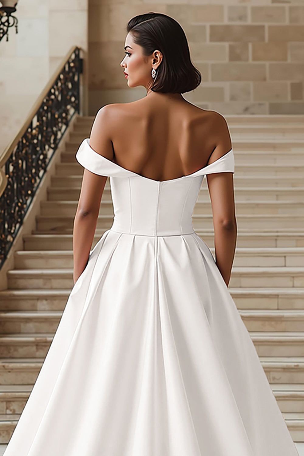 White Off the Shoulder A Line Sweep Train Wedding Dress with Slit