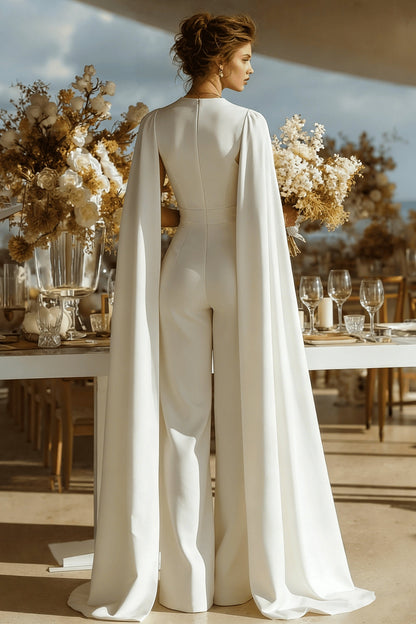 Ivory Satin Deep V-Neck Bridal Jumpsuits with Cape