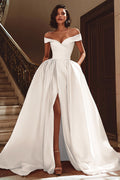 White Satin A Line Off the Shoulder Sweep Train Wedding Dress with Slit