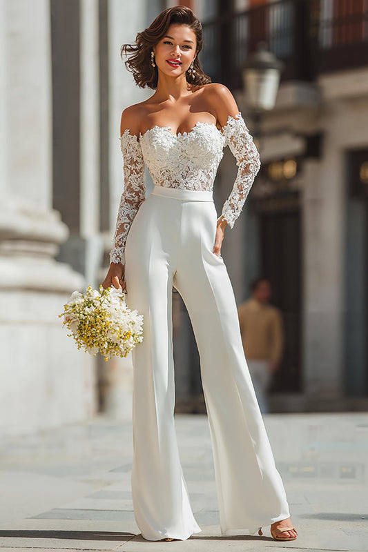 White Appliqued Lace Sweetheart Bridal Jumpsuits with Sleeves