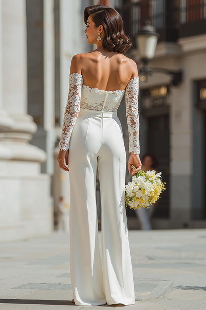 White Appliqued Lace Sweetheart Bridal Jumpsuits with Sleeves