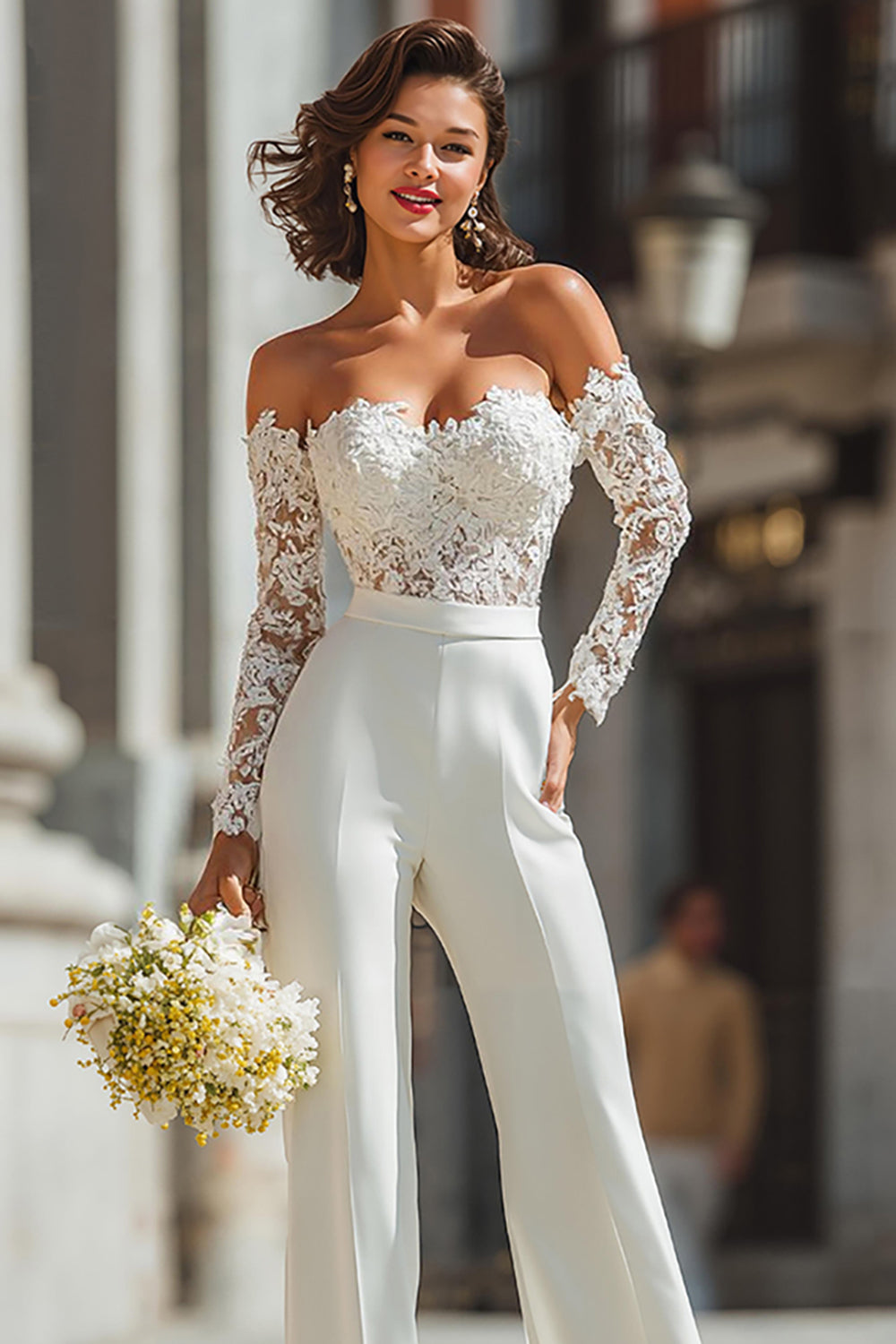 White Appliqued Lace Sweetheart Bridal Jumpsuits with Sleeves